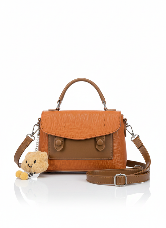 Charming Two-Tone Messenger Satchel with Plush Keychain
