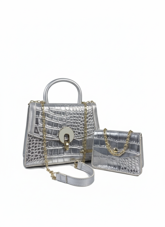 Dazzling Silver Croc-Effect Handbag Set (Set of 2)