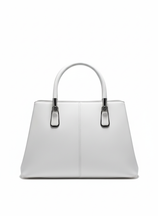 Minimalist White Trapeze Satchel with Chrome Hardware