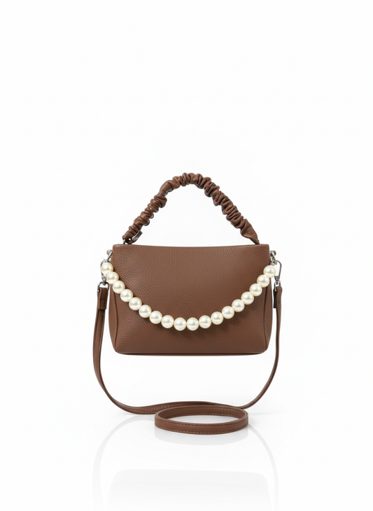 Chic Brown Ruched-Handle Bag with Pearl Chain