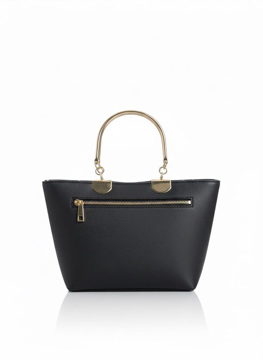 Chic Black Structured Top-Handle Bag with Contrast Stitching