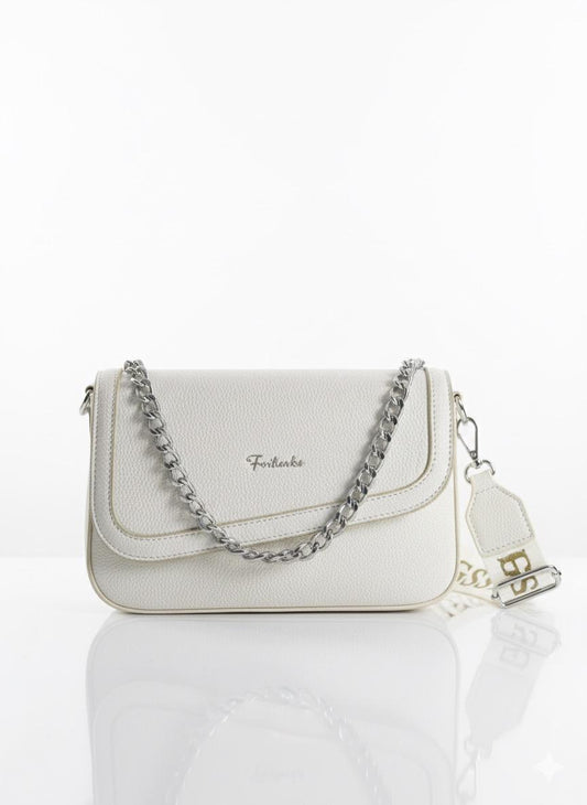 Chic White Textured Crossbody with Silver Chain Strap